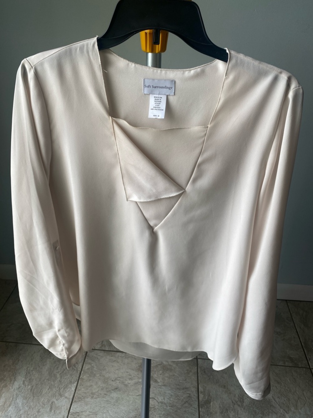 Soft Surroundings Pale Cream Satin V-Neck Blouse with Bow Sleeve Tabs
